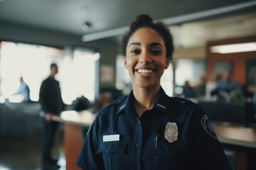 Smiling portrait of a happy female african american police officer in a police station in the USA