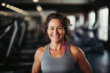 Fototapeta premium Smiling portrait of a happy senior caucasian body positive woman in an indoor gym