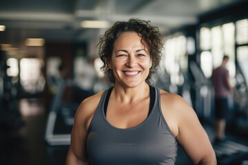 Fototapeta premium Smiling portrait of a happy senior caucasian body positive woman in an indoor gym
