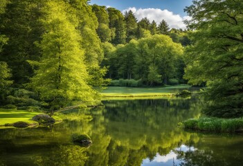 Obraz premium A peaceful pond surrounded by trees