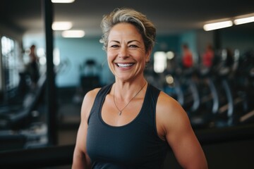 Fototapeta premium Smiling portrait of a happy senior caucasian body positive woman in an indoor gym