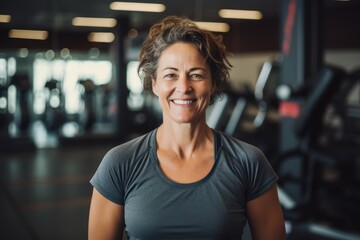 Smiling portrait of a happy senior caucasian body positive woman in an indoor gym - obrazy, fototapety, plakaty