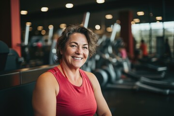 Fototapeta premium Smiling portrait of a happy senior caucasian body positive woman in an indoor gym