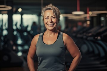 Fototapeta premium Smiling portrait of a happy senior caucasian body positive woman in an indoor gym