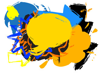 Blue, black and yellow graffiti speech bubble. Vector messaging sign performed in urban painting style.
