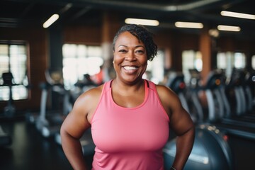 Fototapeta premium Smiling portrait of a happy african american body positive senior woman in an indoor gym