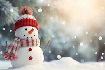 Cute small snowman with hat and scarf in a forest