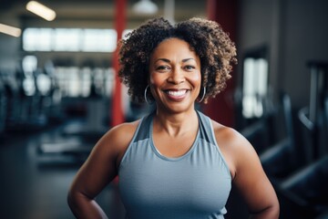 Smiling portrait of a happy african american body positive senior woman in an indoor gym