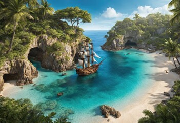 A pirate’s cove with treasure and ships - obrazy, fototapety, plakaty