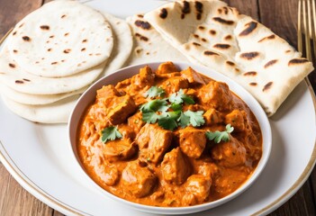 A plate of chicken tikka masala with naan bread.