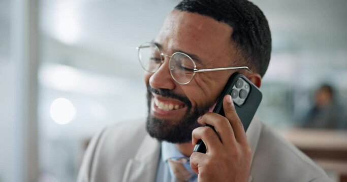 Happy, deal or businessman on a phone call talking, networking or speaking in office. Smile, mobile communication chat or biracial male entrepreneur in conversation, discussion or negotiation offer