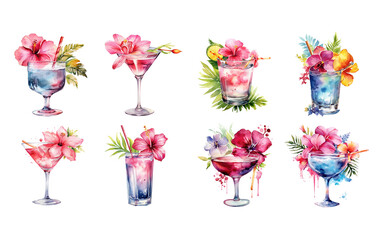Watercolor cocktail drinks set on white background. Watercolor painting daily routine objects. Hand drawn colorful Sublimation design,white background