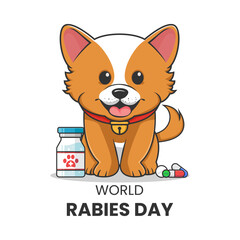 Vector graphic of cute dog sit with vaccine bottles, pills and capsules good for world rabies day design