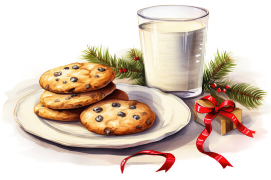 christmas cookies and milk by the lit tree note for santa vintage illustration isolated on a transparent background, generative ai
