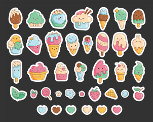 Cute ice cream. Sticker Bookmark. Funny cartoon characters. Happy and cheerful emotions. Vector drawing. Collection of design elements.