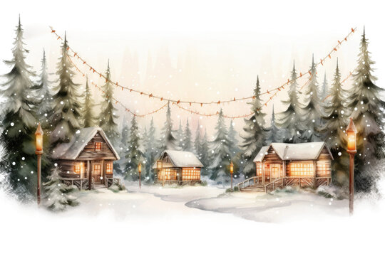 christmas lights outlining roofline of log cabin vintage illustration isolated on a transparent background, generative ai