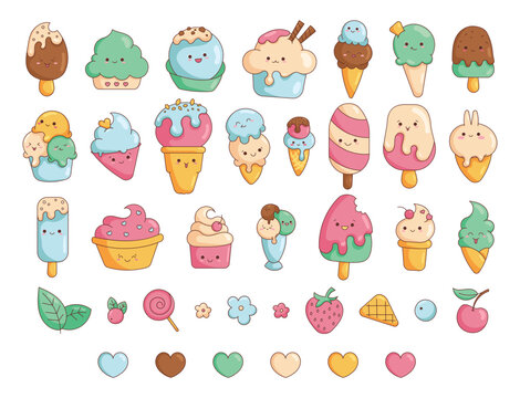 Cute ice cream. Funny cartoon characters. Happy and cheerful emotions. Vector drawing. Collection of design elements.
