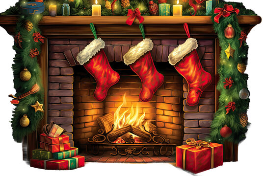 Christmas Stocking Hung Above A Lit Fireplace Vintage Illustration Isolated On A Transparent Background, Generative Ai