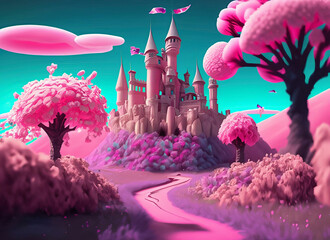 castle in the land of sweets, a bright saturated landscape in pink flowers,