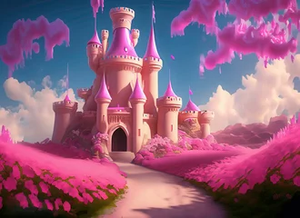 Behangcirkel castle in the land of sweets, a bright saturated landscape in pink flowers, © Rehman
