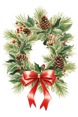 christmas wreath made of holly and pinecones vintage illustration isolated on a transparent background, generative ai