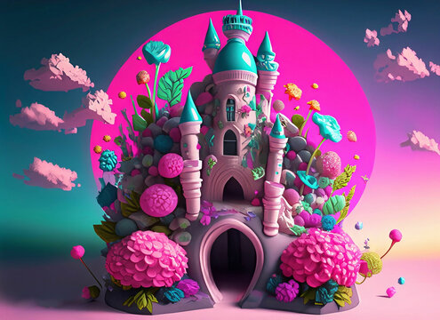 castle in the land of sweets, a bright saturated landscape in pink flowers,
