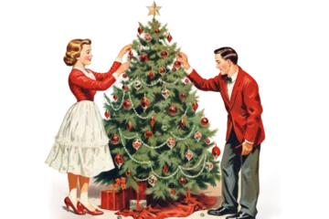 Foto op Canvas family decorating the christmas tree together vintage illustration isolated on a transparent background, generative ai © Perfect PNG