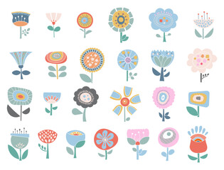 Decorative cute flowers. Nature floral plant. Vector drawing. Collection of design elements.