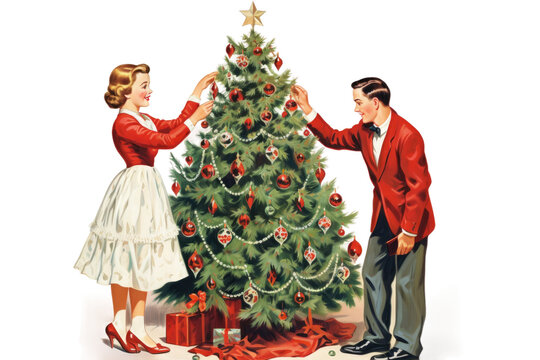 family decorating the christmas tree together vintage illustration isolated on a transparent background, generative ai