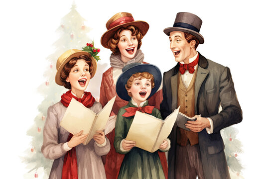 family singing christmas carols together vintage illustration isolated on a transparent background, generative ai