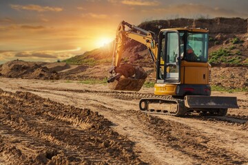 Crawler excavator working on a construction site at sunset