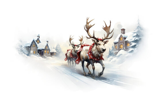 reindeer pulling santas sleigh over a snowy vintage illustration isolated on a transparent background, generative ai