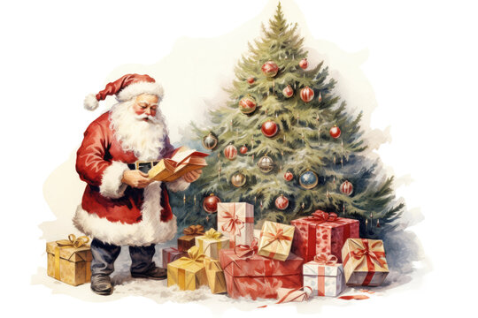 santa claus putting presents under a christmas tree vintage illustration isolated on a transparent background, generative ai