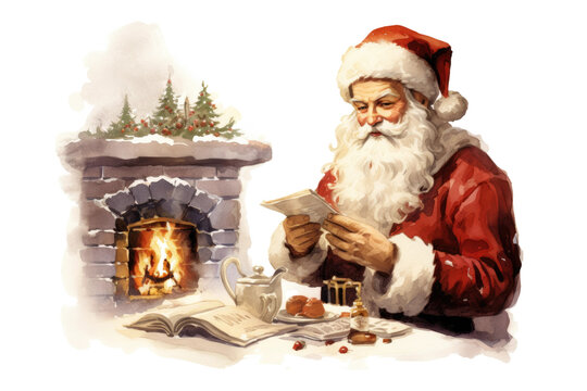 santa drinking hot cocoa by the fire vintage illustration isolated on a transparent background, generative ai