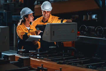 Professional quality control inspector conduct safety inspection on steel machinery and...
