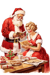 santa reading christmas list while mrs. claus bakes cookies vintage illustration isolated on a transparent background, generative ai
