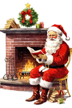 santa reading a christmas list by the fireplace vintage illustration isolated on a transparent background, generative ai