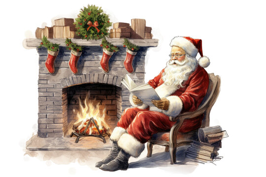 santa reading newspaper by the fireplace vintage illustration isolated on a transparent background, generative ai
