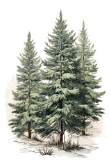 snow covered pine trees vintage illustration isolated on a transparent background, generative ai