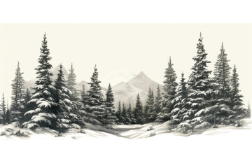 snow covered pine trees vintage illustration isolated on a transparent background, generative ai