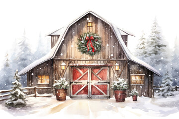 snowy barn with wreath on doors and lit christmas tree vintage illustration isolated on a transparent background, generative ai - obrazy, fototapety, plakaty