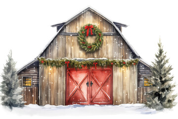 snowy barn with wreath on doors and lit christmas tree vintage illustration isolated on a transparent background, generative ai - obrazy, fototapety, plakaty