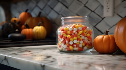 halloween candy on top of a kitchen counter top