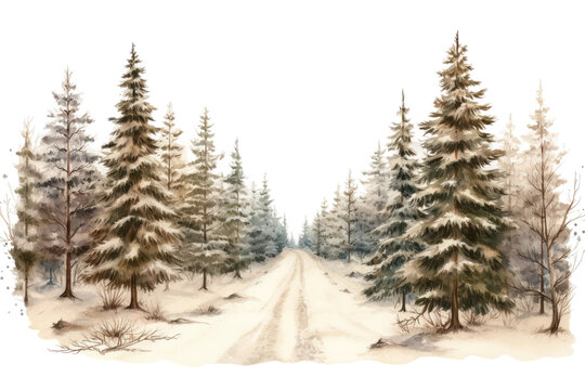 snowy pine forest path lined with lit christmas trees vintage illustration isolated on a transparent background, generative ai