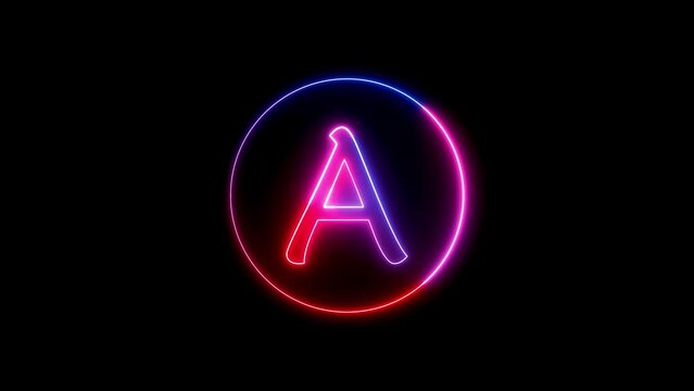 Glowing neon line in a circular path around the A alphabet.Glowing neon font. Blue, pink and red color glowing neon letter. 