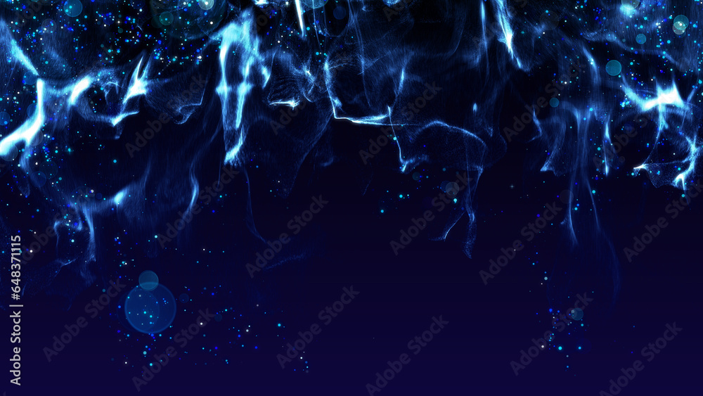 Wall mural blue glitter particles dynamic flow and dust with copy space abstract background.