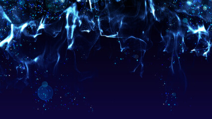 Blue glitter particles dynamic flow and dust with copy space abstract background. 