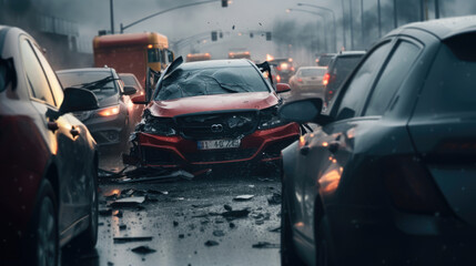 Minor accident in heavy traffic with front-end damage - obrazy, fototapety, plakaty