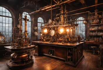 laboratory conducting experiments with steam and clockwork mechanisms - obrazy, fototapety, plakaty