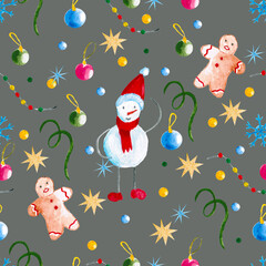 Seamless pattern for new year and christmas. Watercolor drawing.